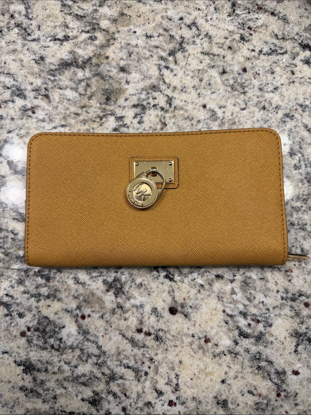 Michael Kors Mustard Yellow Saffiano Leather Zip-Around Wallet with MK Charm